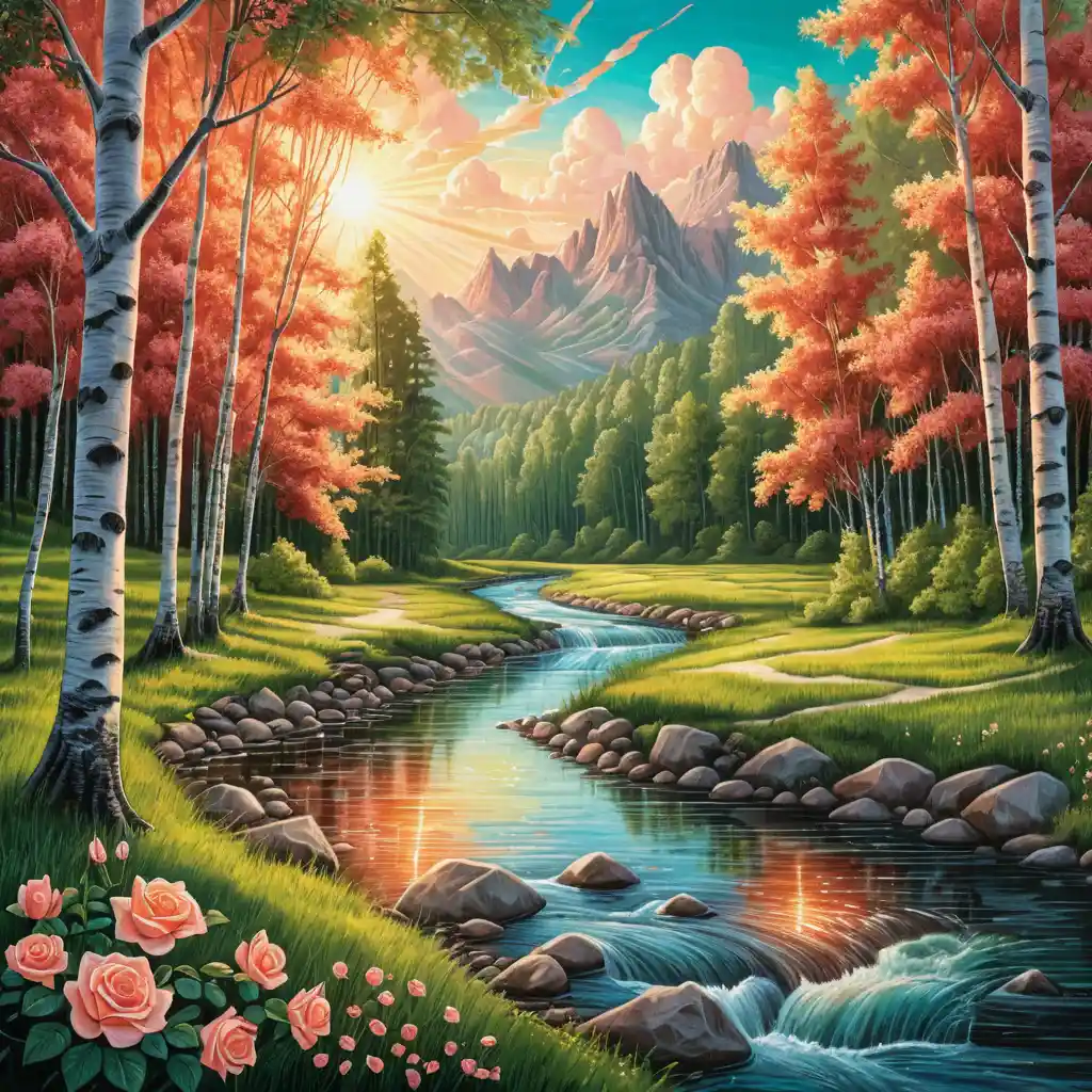 Paesaggio estivo di fiume con betulle e rose color pesca