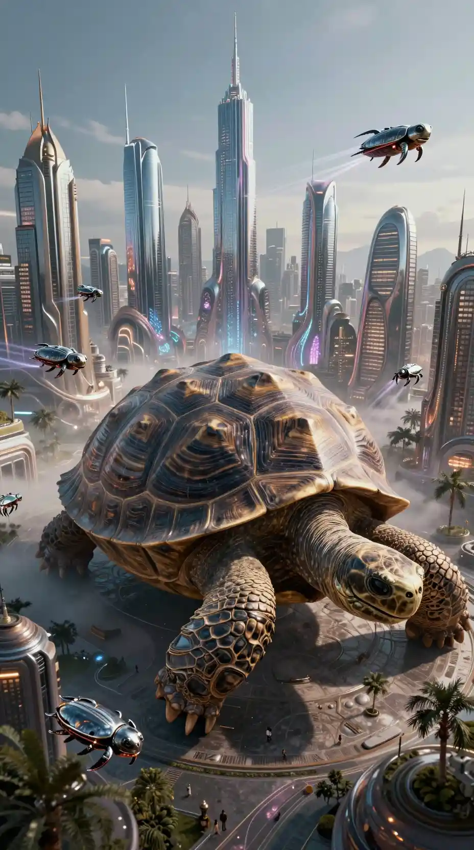 Futuristic city built inside a colossal ancient tortoise shell
