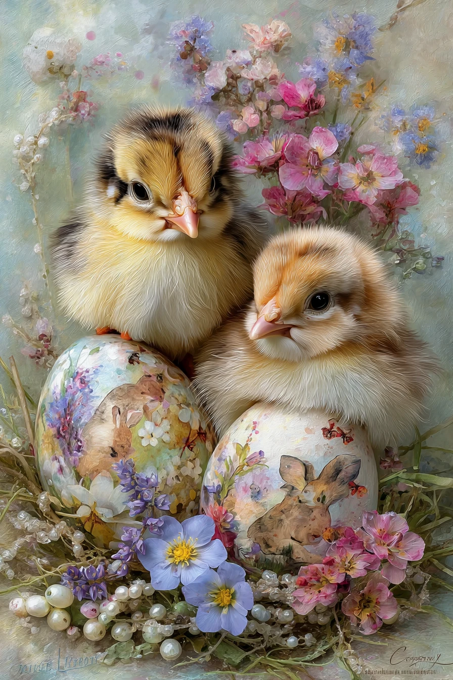 Delicate Easter collage with chicks rabbits and spring flowers