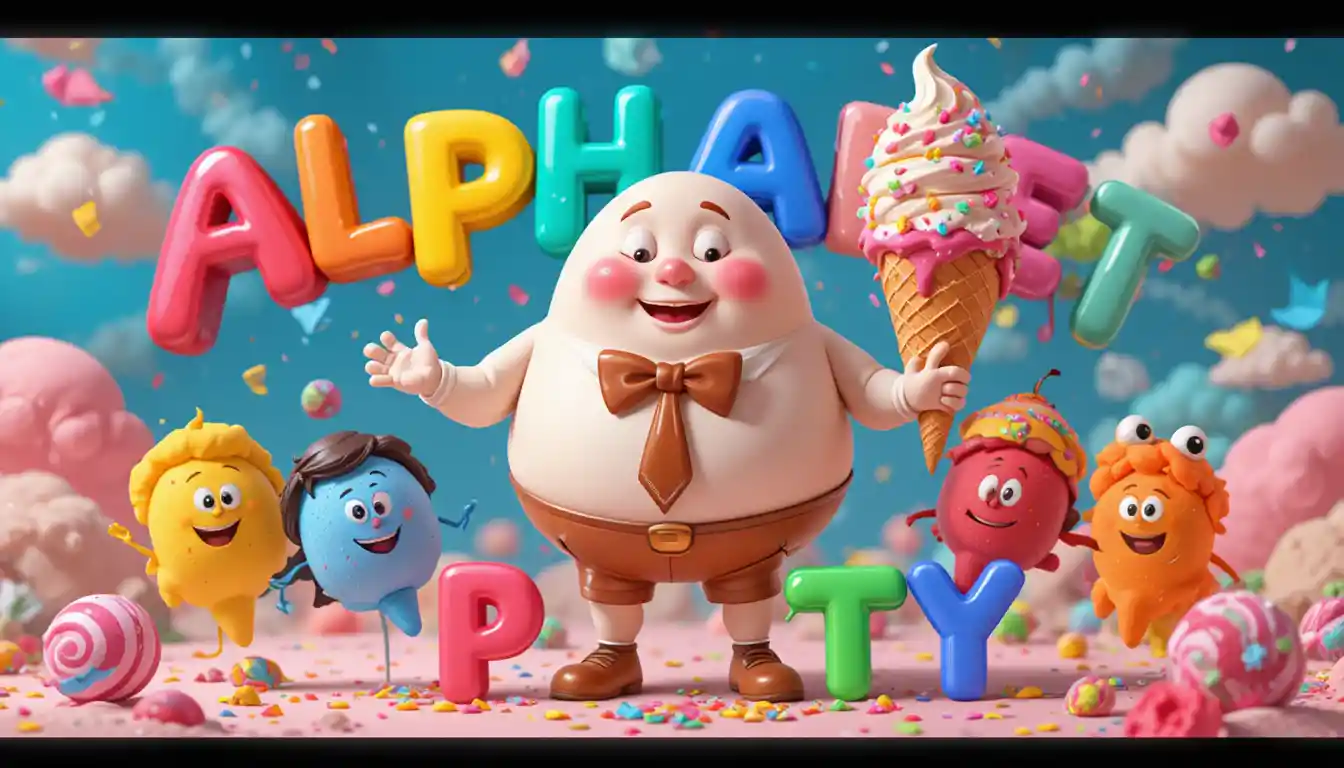 Humpty Dumpty con Gelato Gigante e Lettere dell’Alfabeto Danzanti