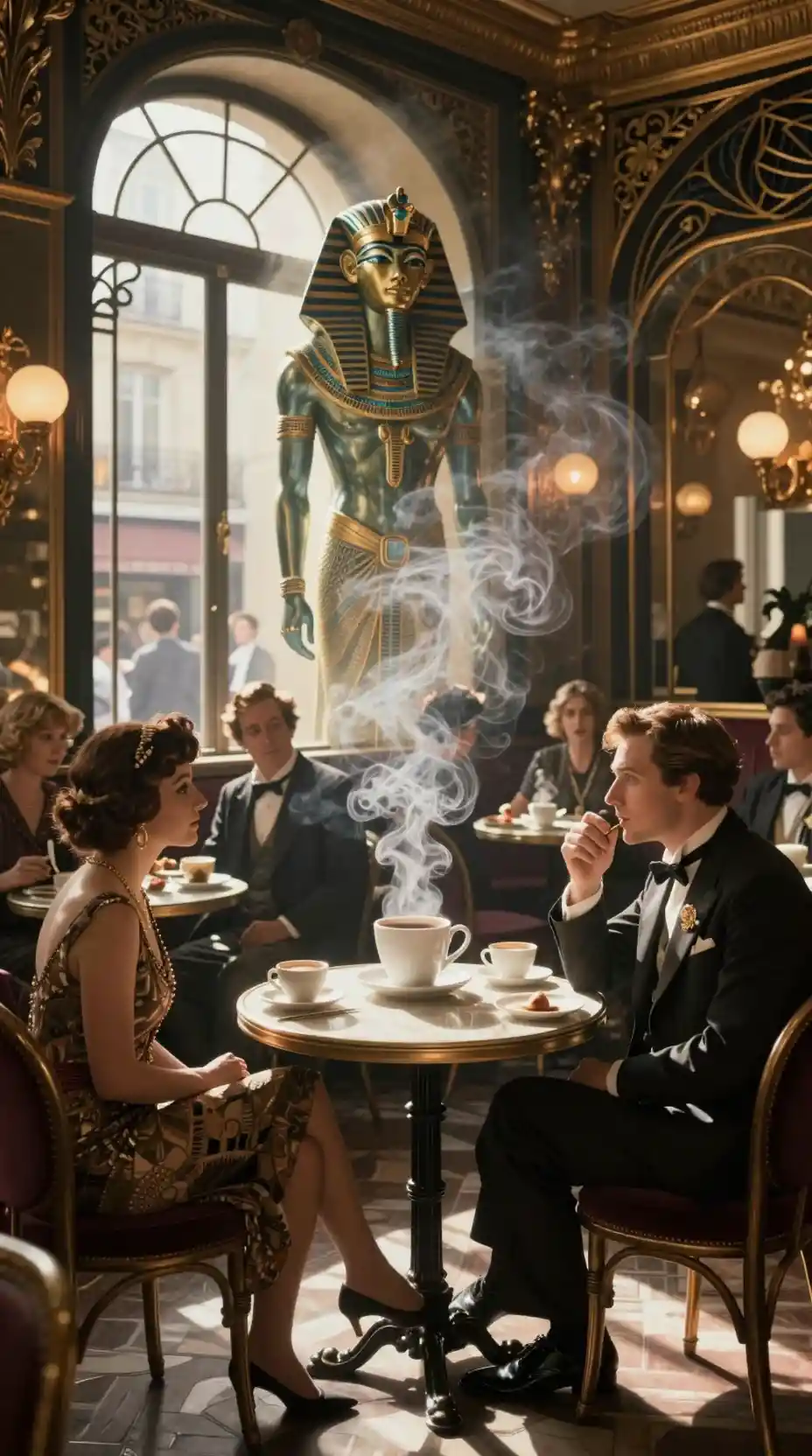 Caffè surreale anni ’20 a Parigi con caffè fluttuante e divinità