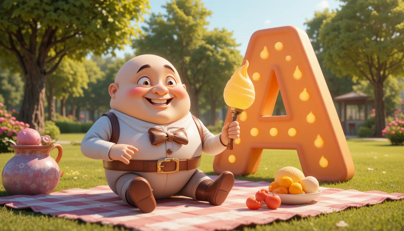 Personagem de ovo em desenho animado com sorvete brilhante em parque ensolarado