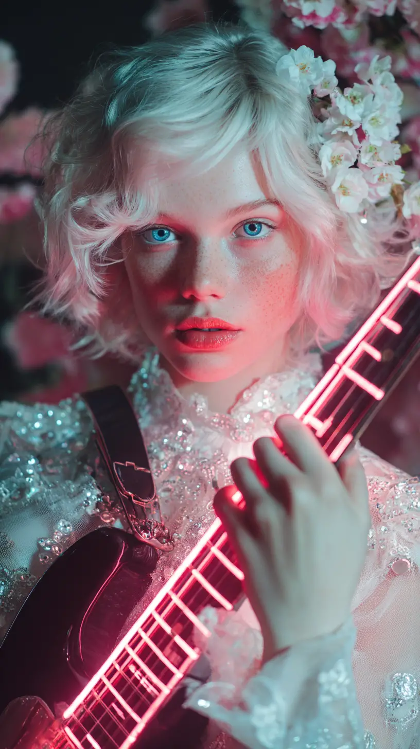 Cinematic fashion portrait of woman with neon guitar