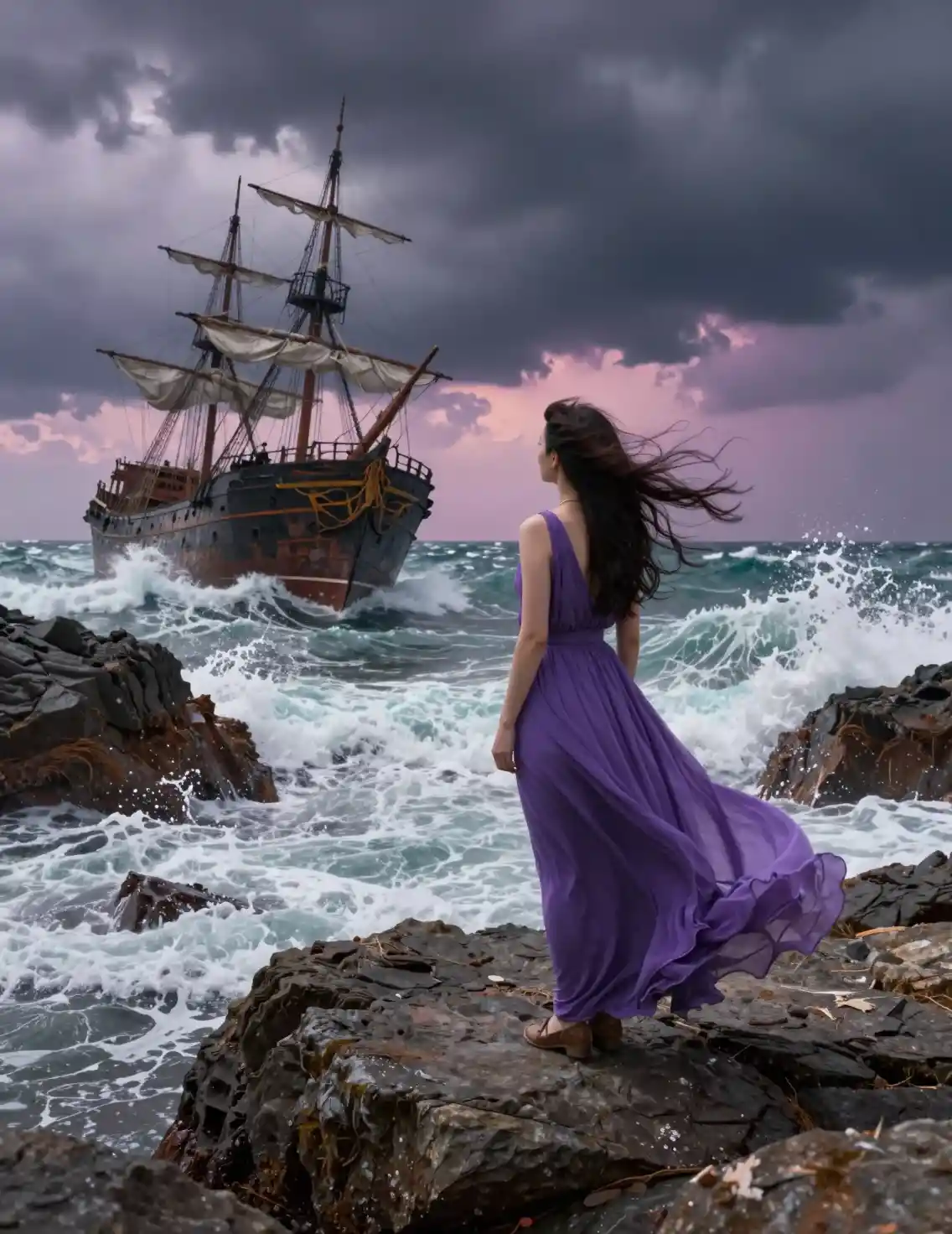 Donna in abito viola di fronte al mare in tempesta e a un relitto