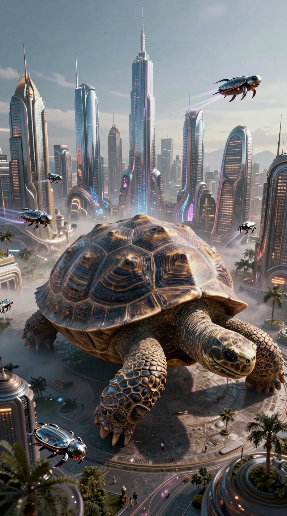 Futuristic city built inside a colossal ancient tortoise shell
