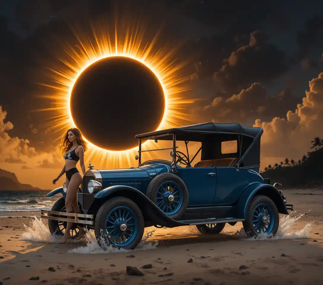 Eclissi solare totale con corona radiante sopra nuvole drammatiche