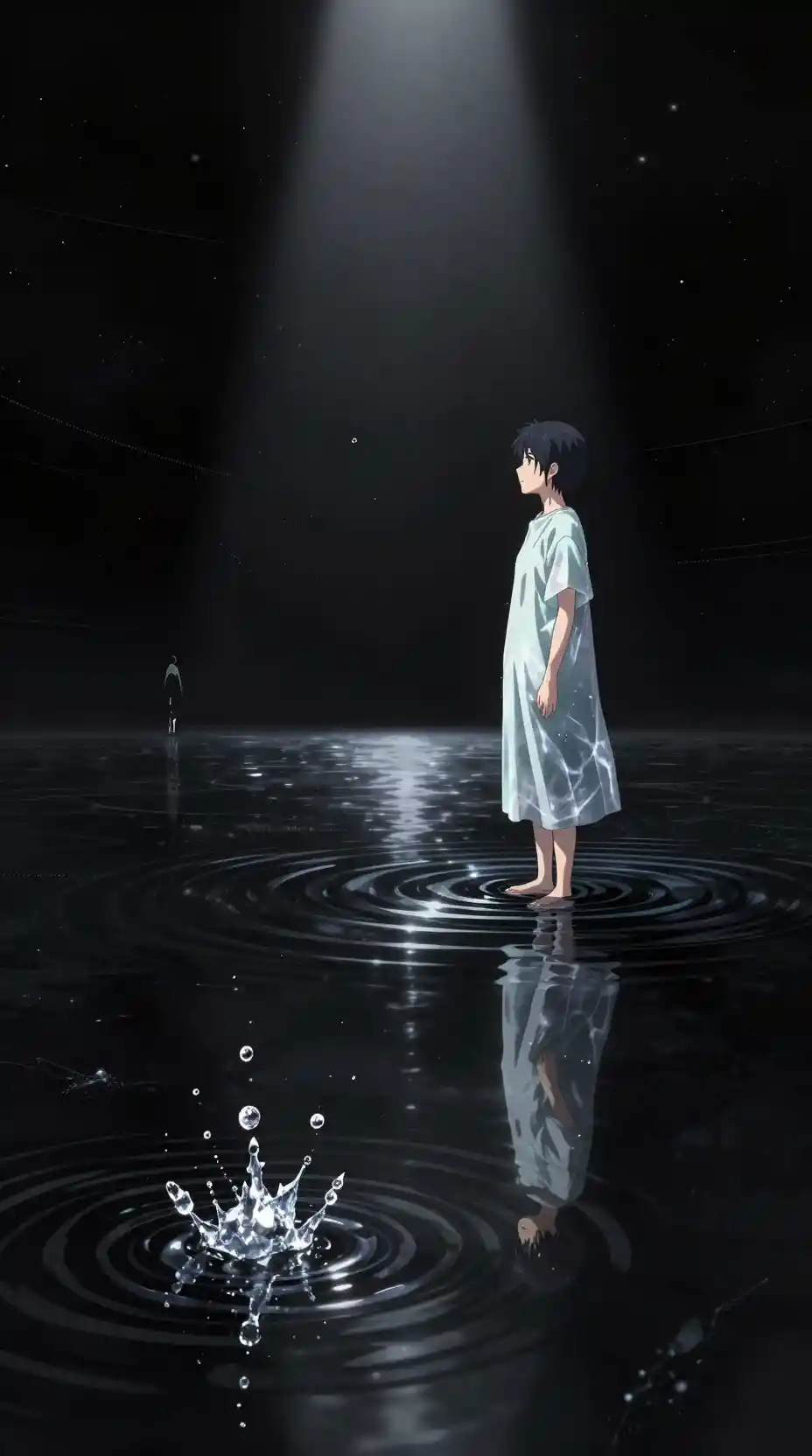Ragazza anime sola in un vuoto cosmico specchiato