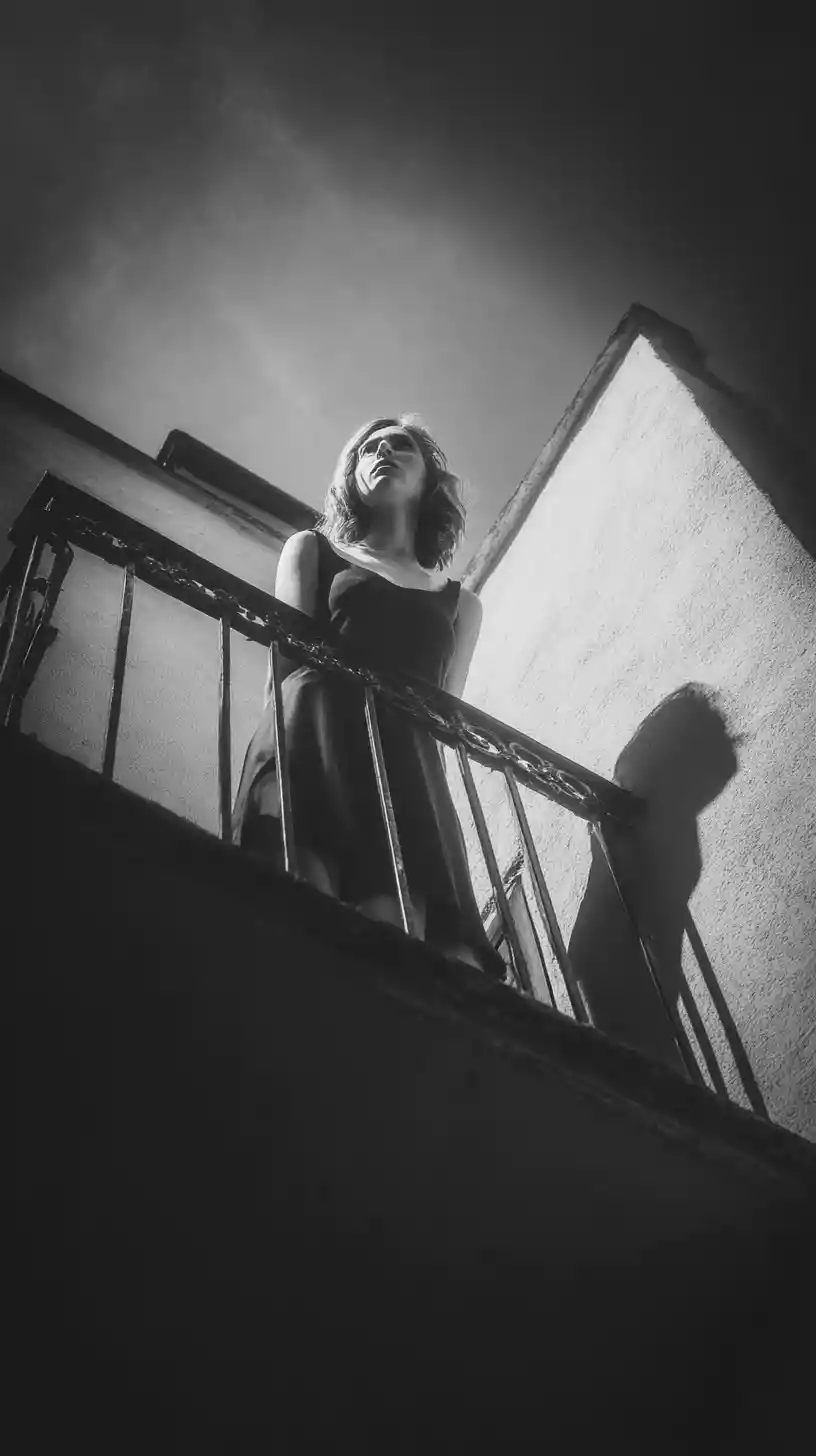 Mujer de pie en un balcón vista desde un ángulo bajo