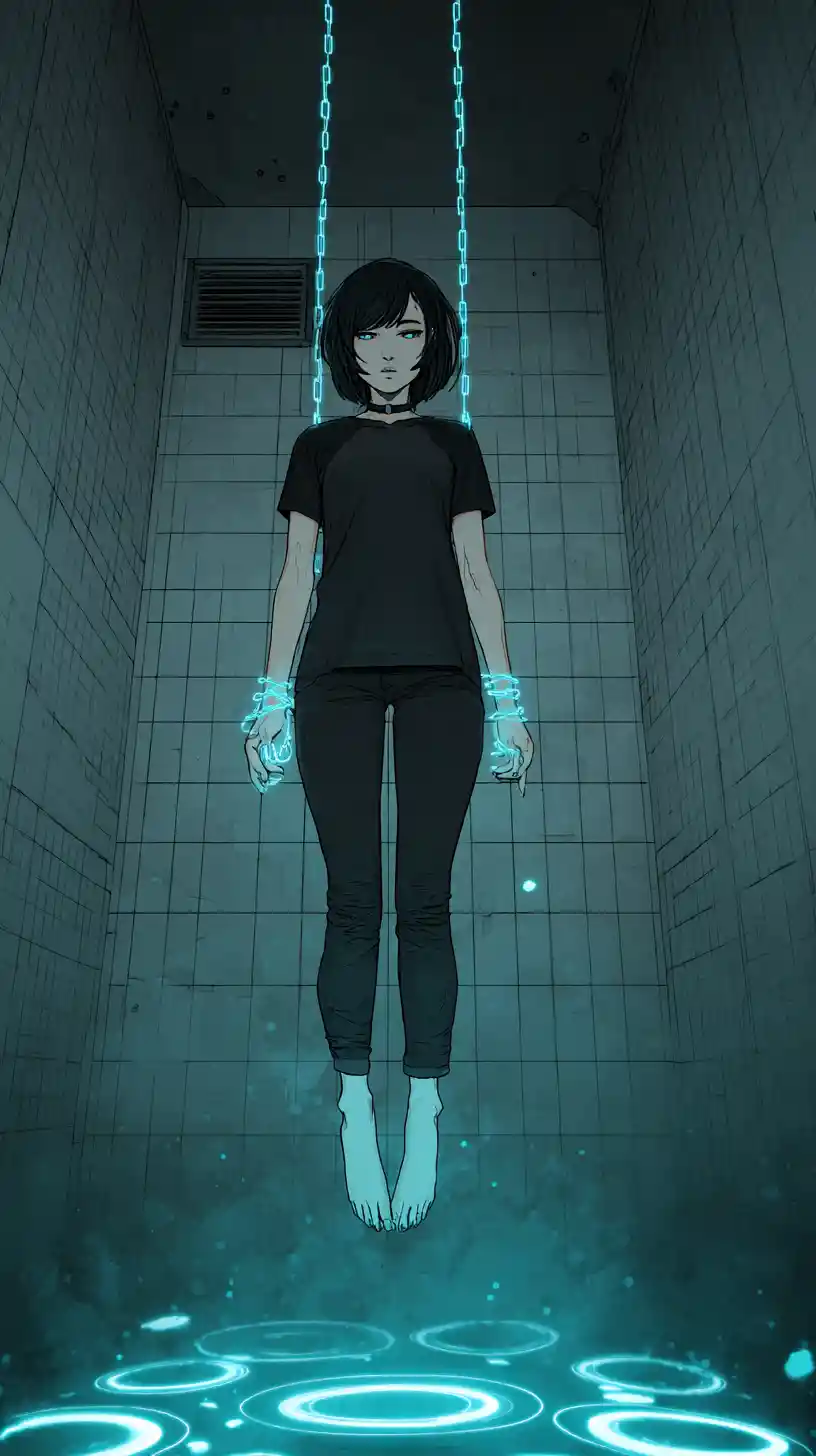 Young woman bound by neon chains in dark tiled room