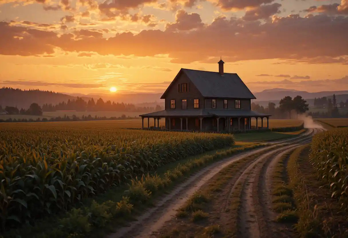 Sunlit farmhouse and cornfields on a quiet country road