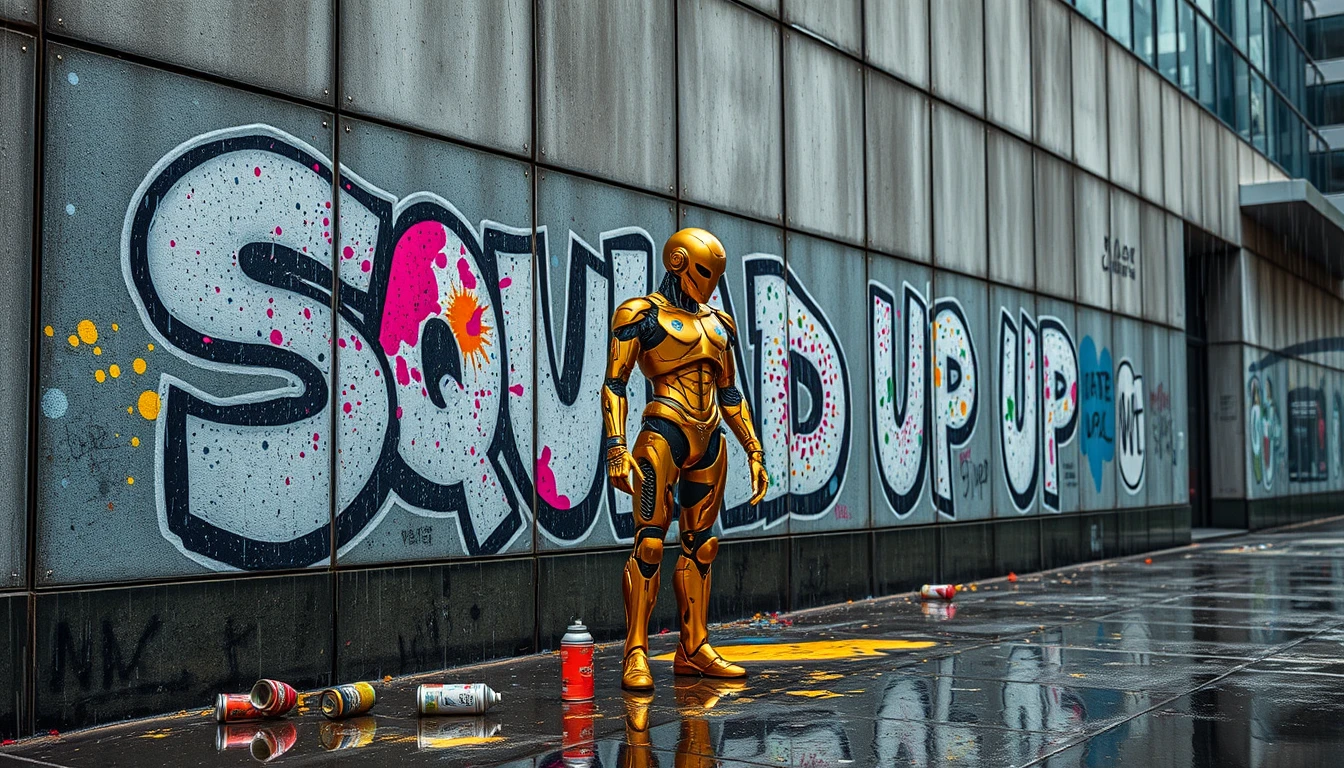 Cyborg dorato accanto a un muro con graffiti dopo il temporale