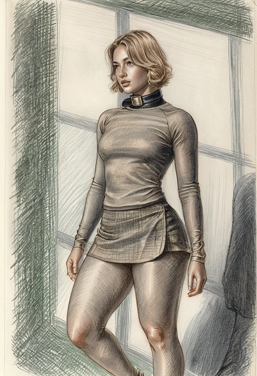 Junge Frau am Fenster in einer Buntstiftillustration