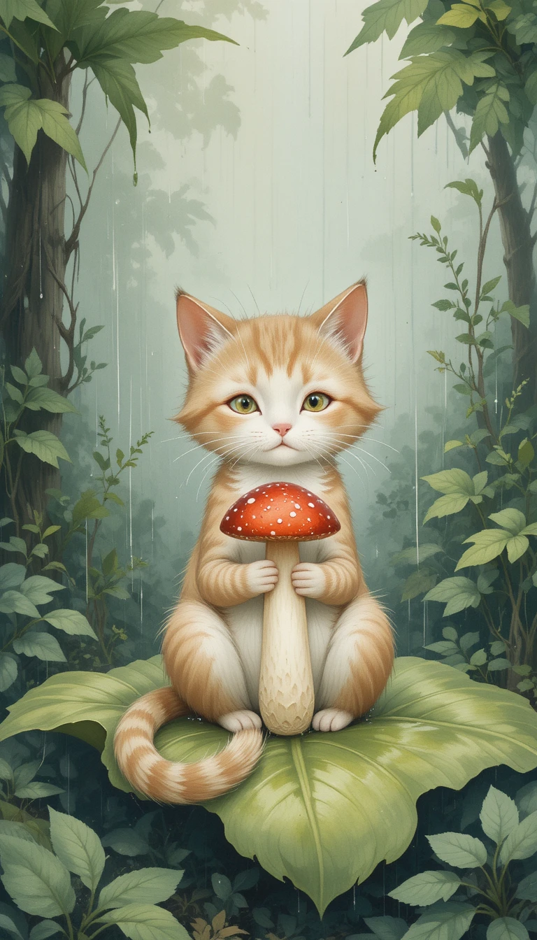 Gatto che Ripara un Fungo Rosso su una Foglia di Bosco Piovoso