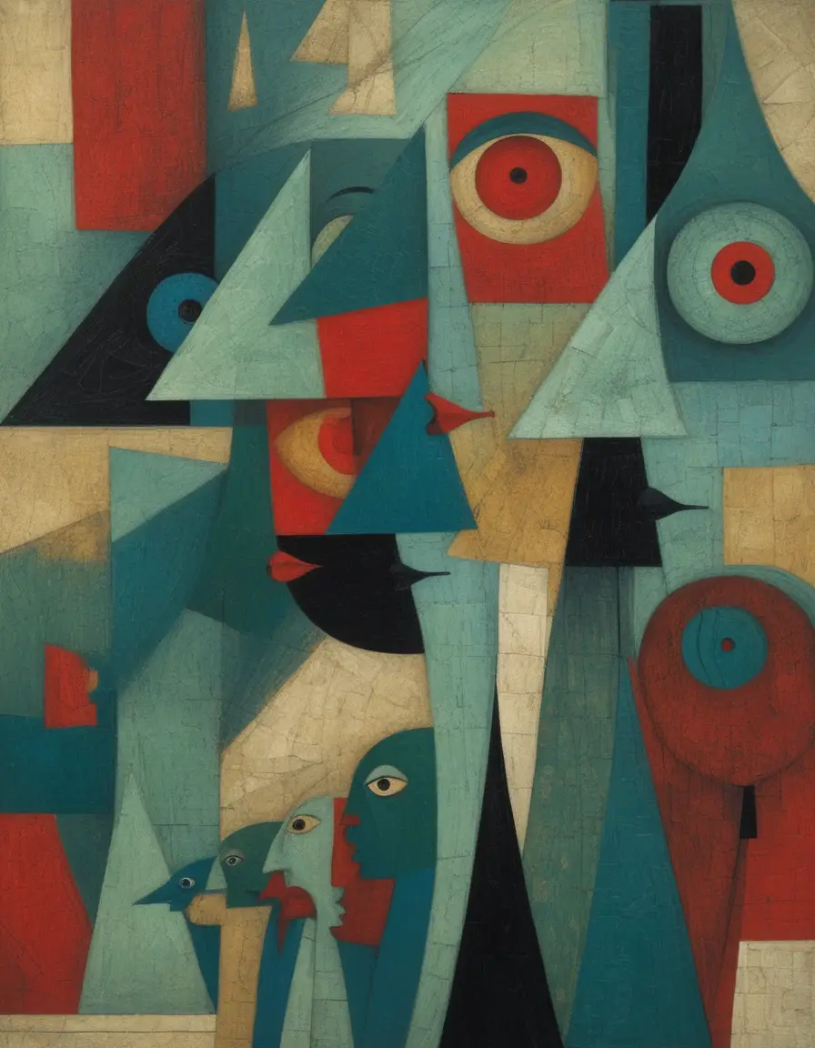Fragmented cubist faces overlapping in geometric planes
