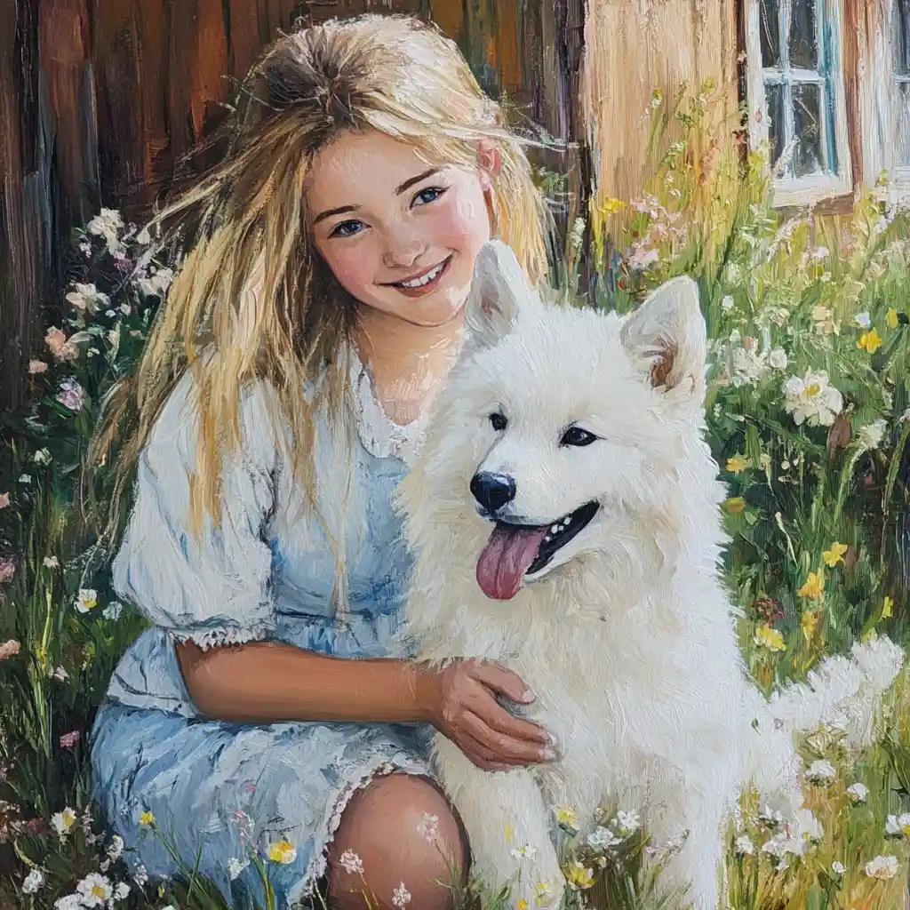 Lächelndes blondes Mädchen spielt mit weißem Hund im Garten