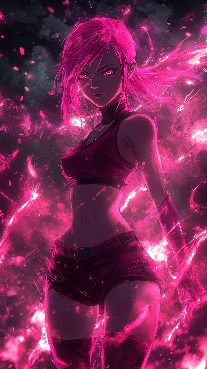 Anime-Mädchen mit rosa Haaren und leuchtender Energie im Weltraum