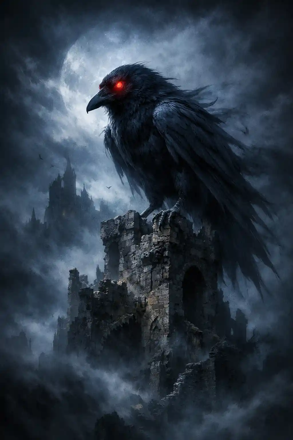 Shadowy raven on a ruined tower in dark misty night
