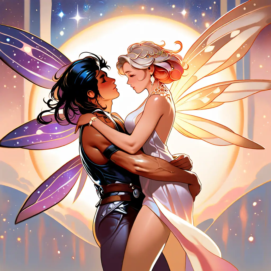 Couple de fées romantique enlacé dans une peinture à l’huile vive