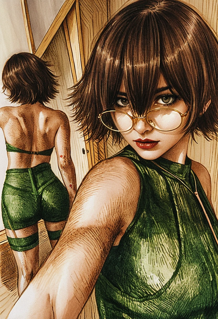 Stylized diptych portrait with mirror view and green outfit