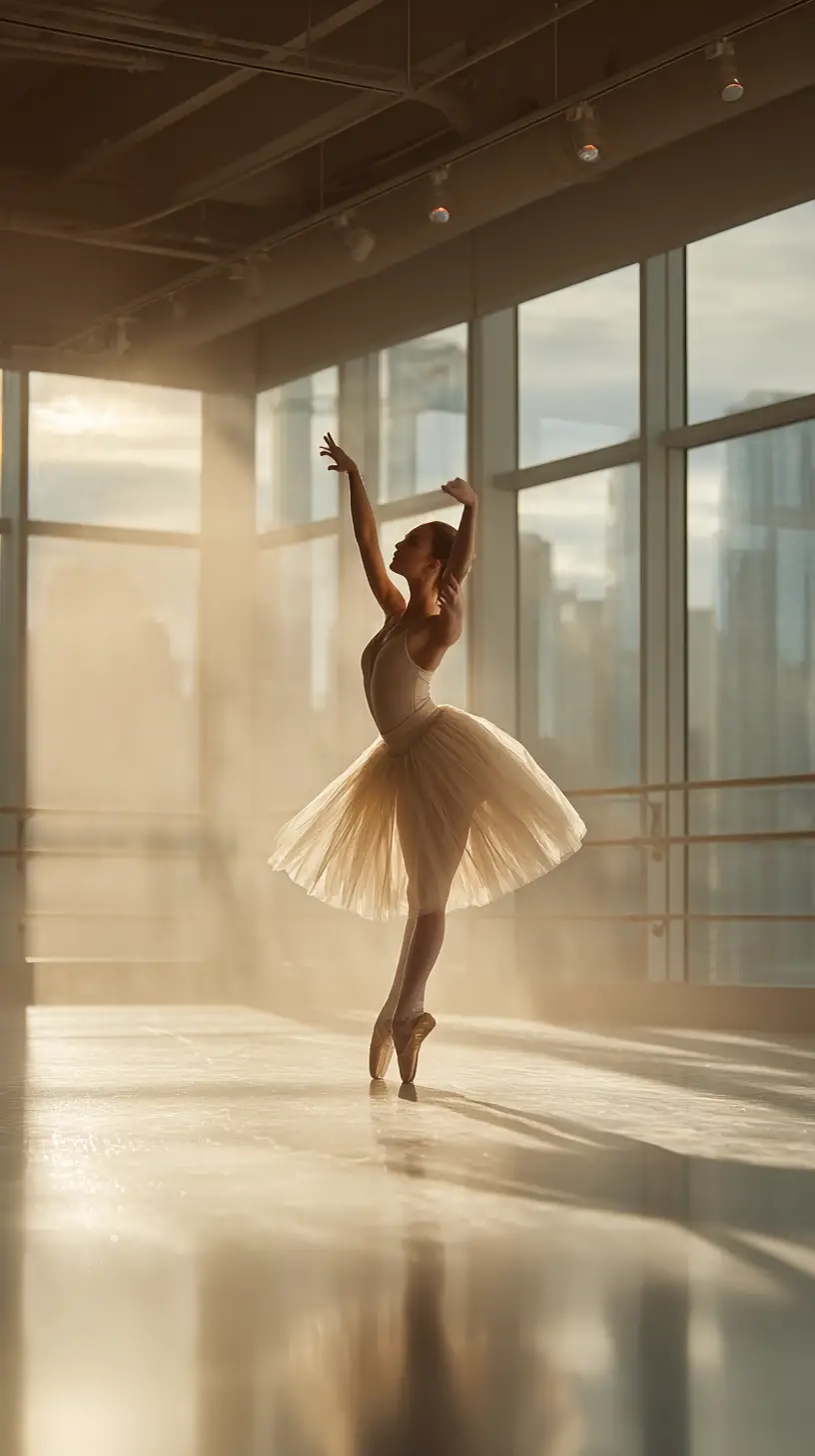 Bailarina graciosa em arabesque em estúdio de dança urbano