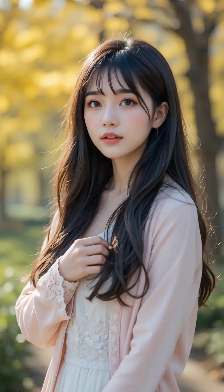 Young woman in pink cardigan standing in sunlit park