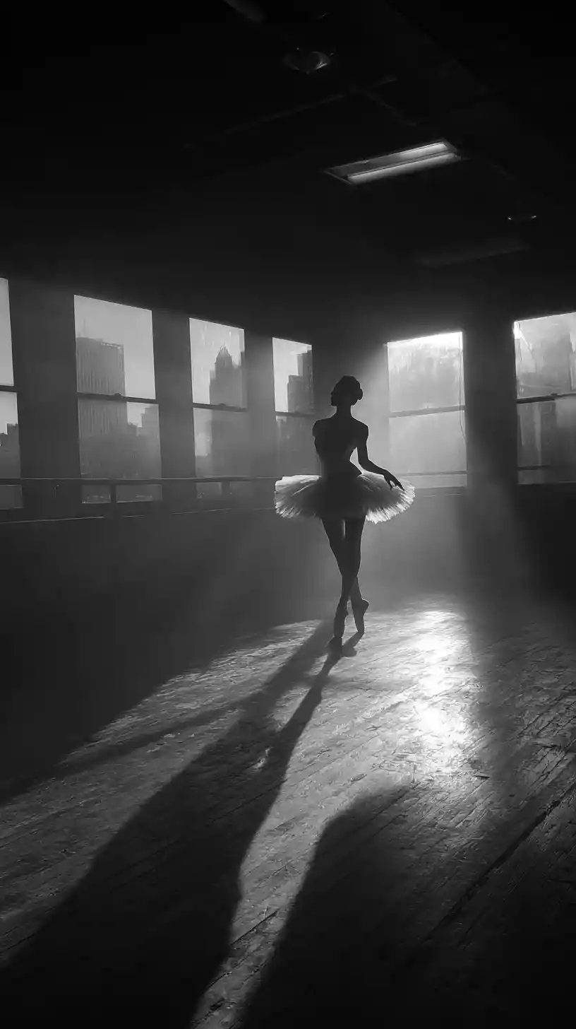 Ballerina on pointe in a smoky deserted dance studio