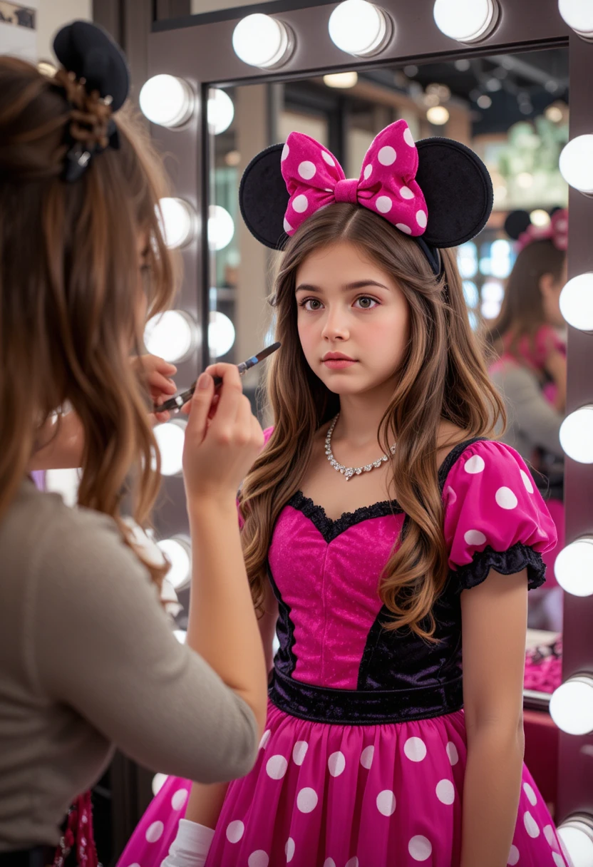 Jeune garçon en robe Minnie rose devant le miroir d’une boutique