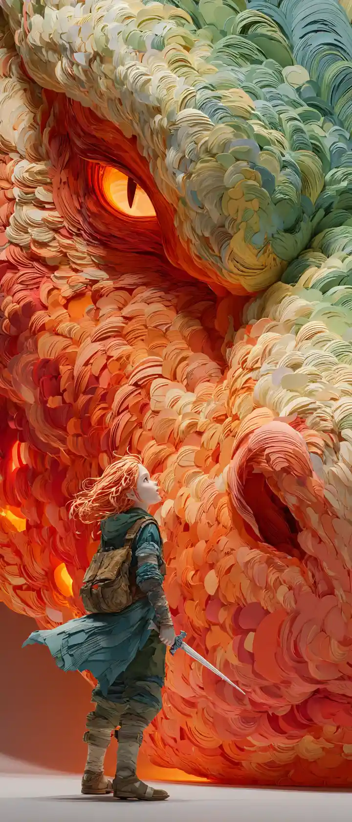 Guerrier d’anime affrontant un dragon colossal en papier découpé