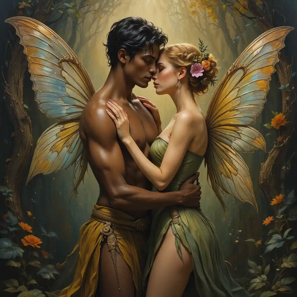 Coppia di fate romantica in un tenero abbraccio a mezza figura