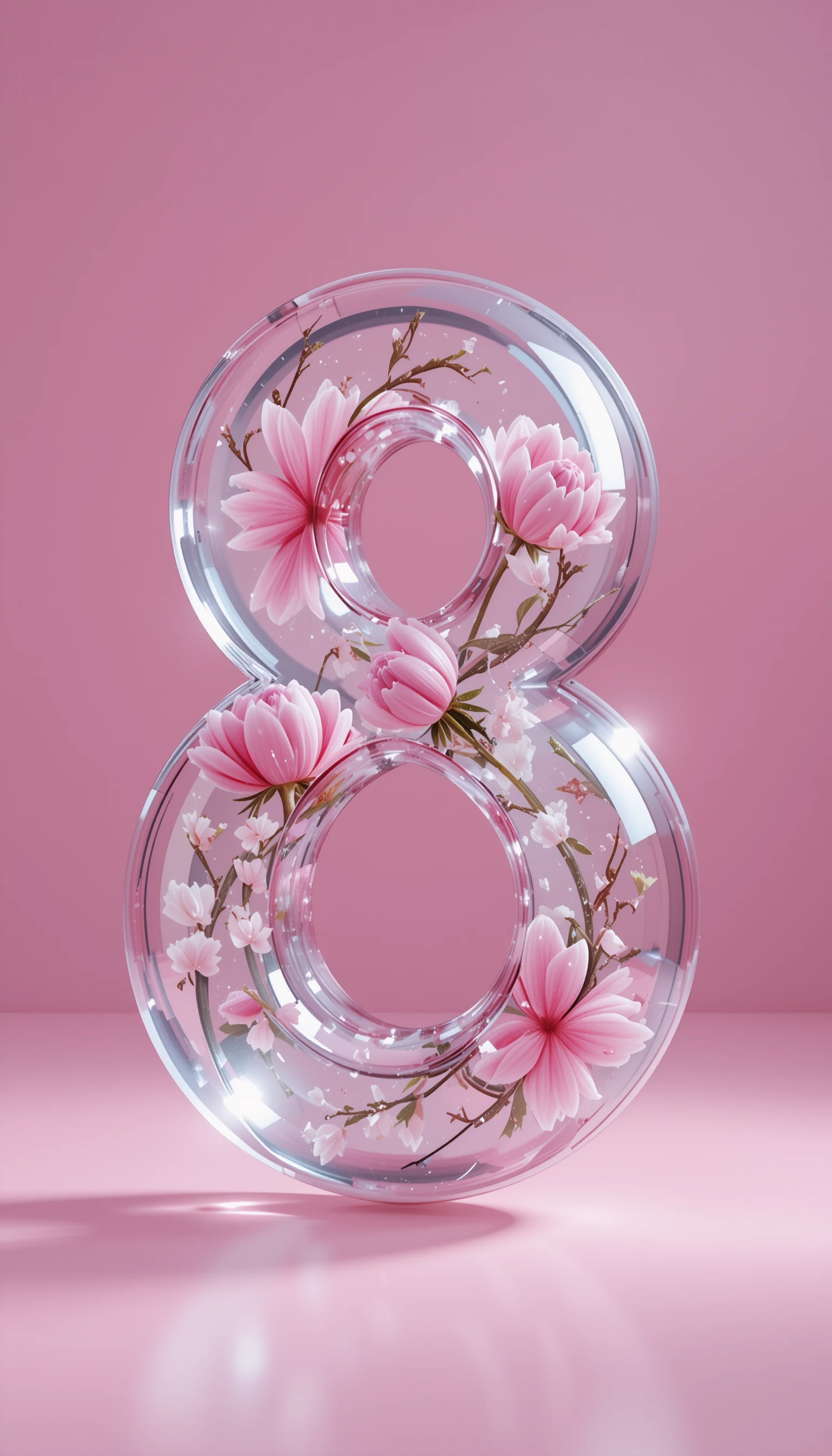 Figura otto di vetro con tulipani rosa sospesi su rosa tenue