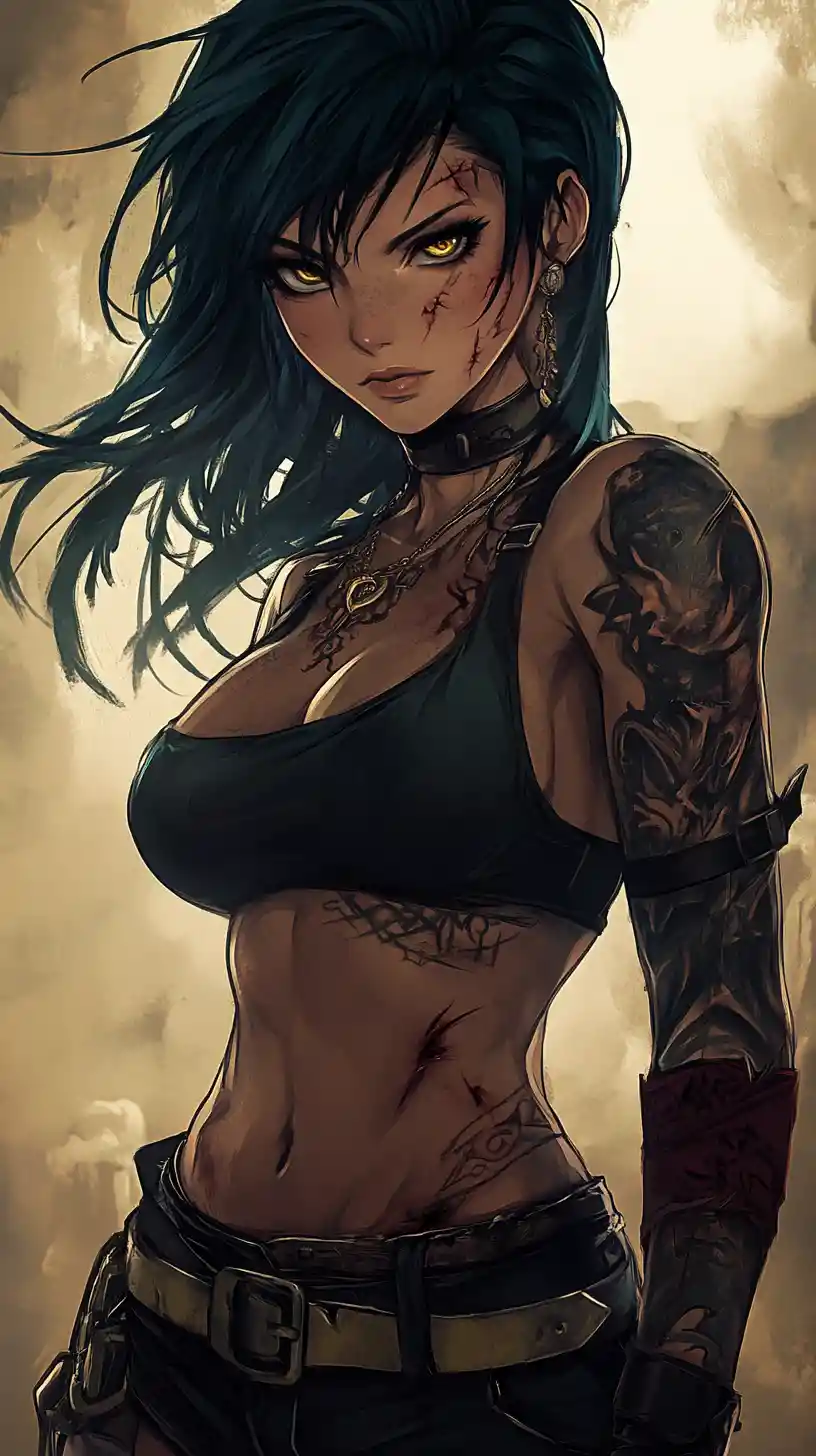 Narbengezeichnete Kriegerin mit Tattoos und goldblauen Augen