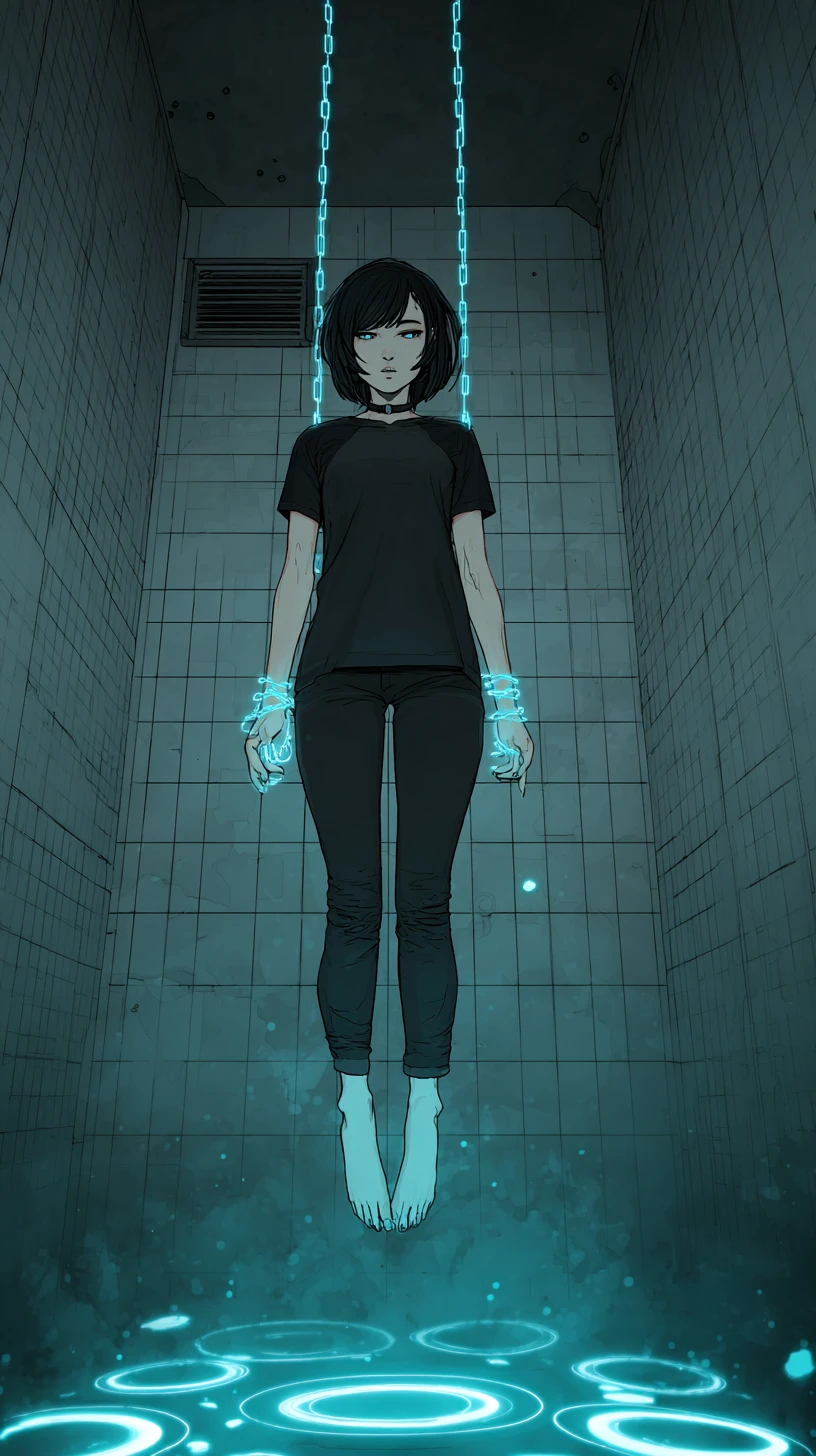 Young woman bound by neon chains in dark tiled room