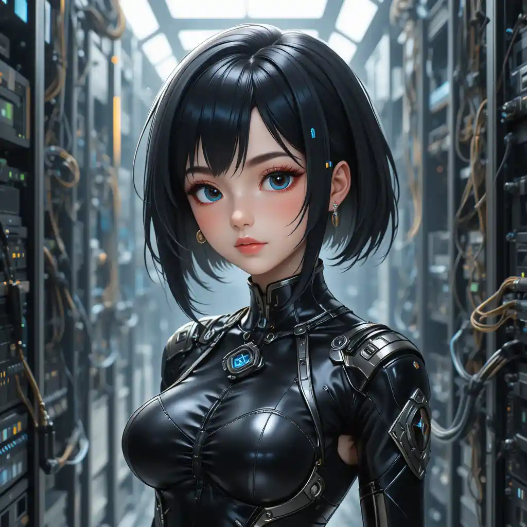 Anime woman in a sci fi multiverse of chips and servers