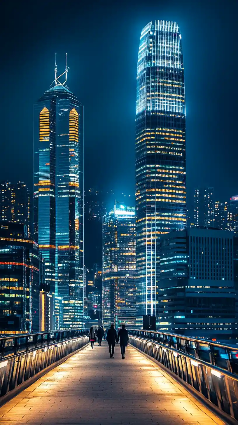 Vibrant nighttime cityscape with illuminated skyscrapers and bridge