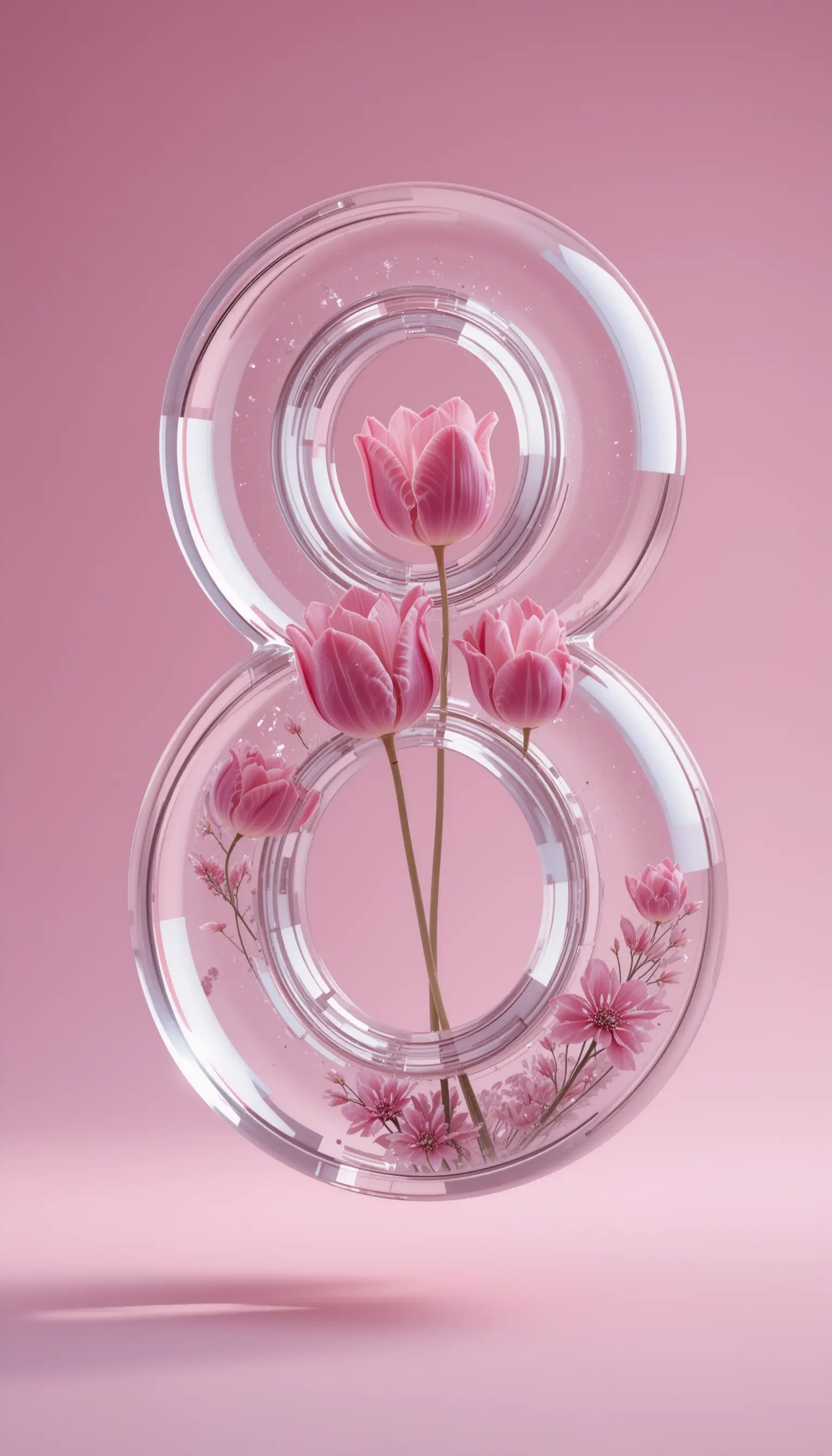 Glass figure eight with pink tulips in soft pink studio