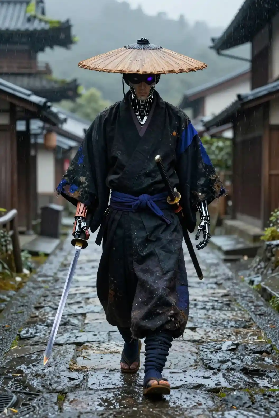 Samurai ciborgue caminha por um caminho chuvoso em uma vila desgastada