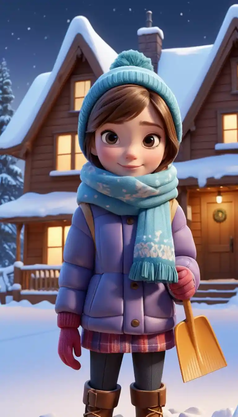 Ragazza chibi che spalaneve accanto a una calda casa di legno