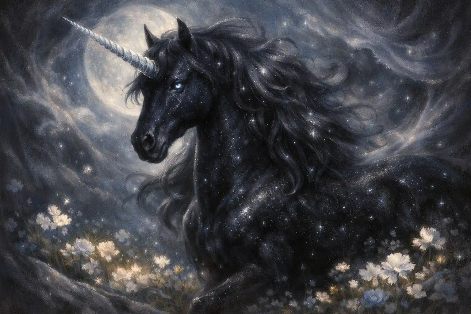Majestätisches schwarzes Einhorn in mondbeschienener Wiese mit leuchtenden Blumen