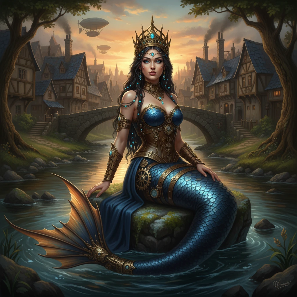 Fantasy mermaid queen on river rock in medieval town