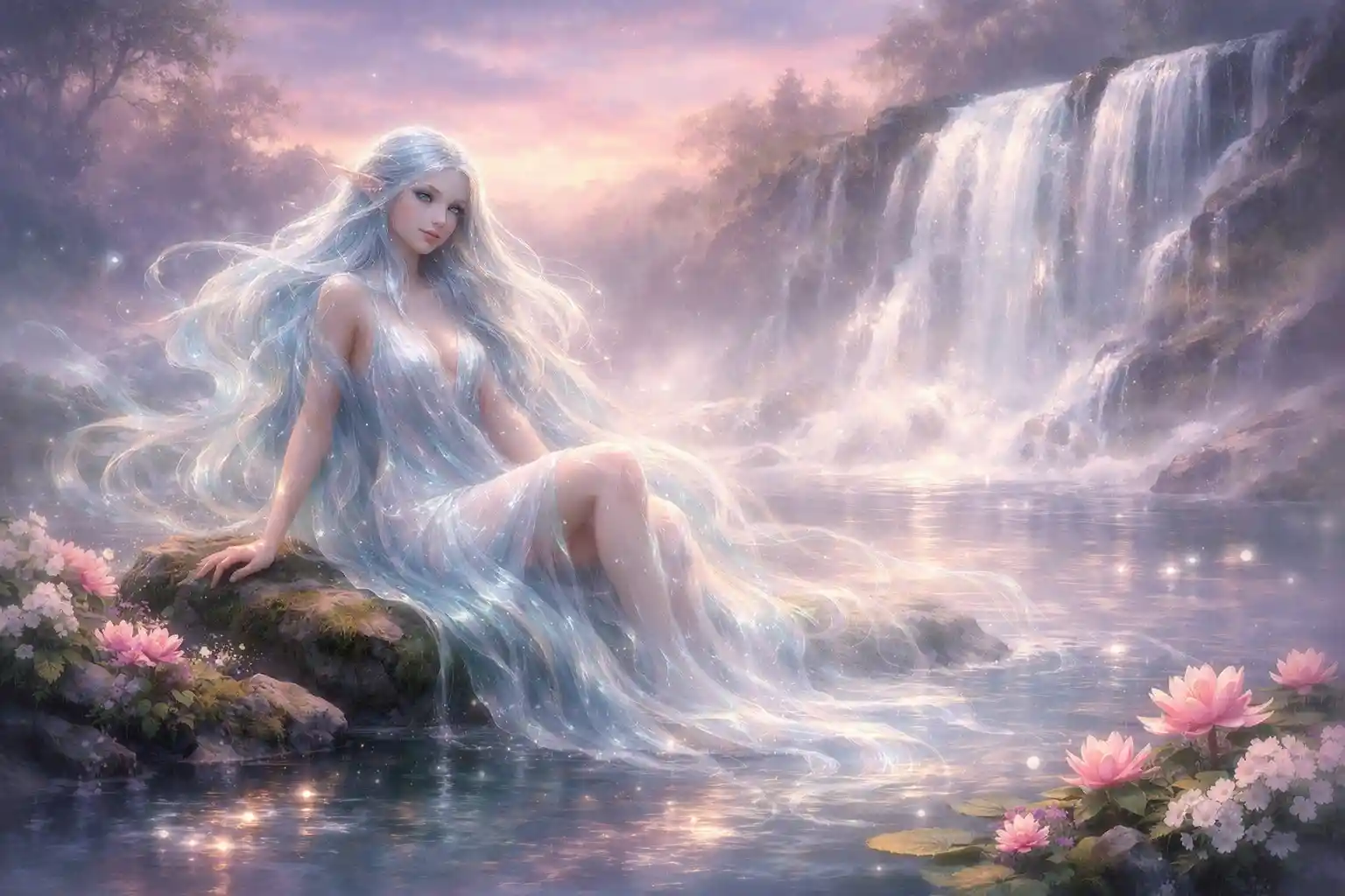 Ninfa del fiume che riposa presso una cascata al crepuscolo in una luce nebbiosa