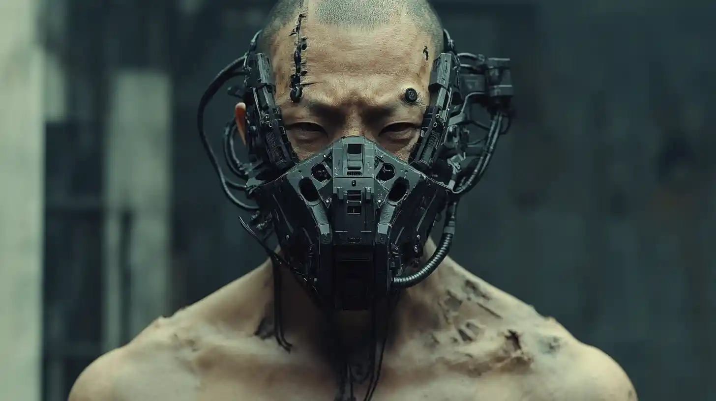 Weathered Asian cyborg commander with mechanical torso