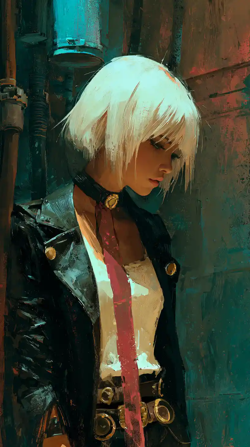 Anime girl in leather jacket with blood stained blouse