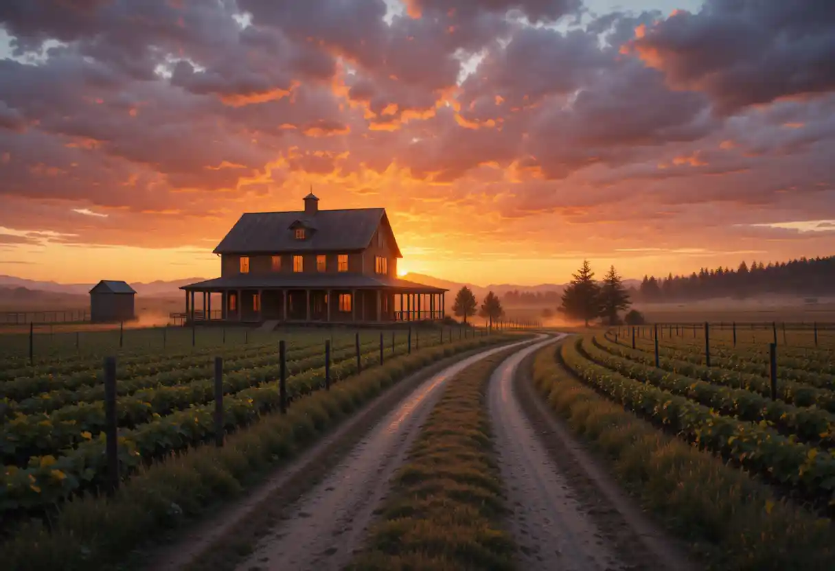 Sonnenuntergangs-Farmhaus auf einer ruhigen Küstenfarm in Washington