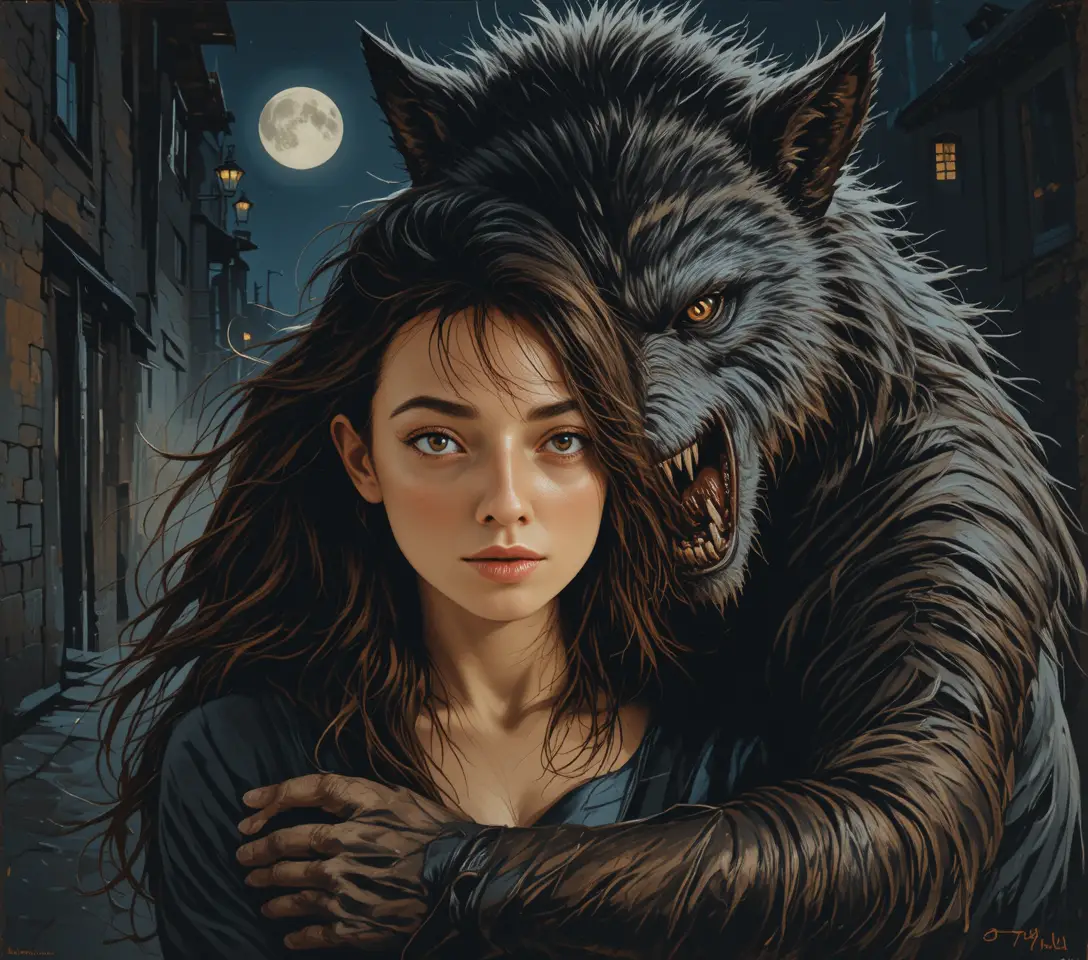 Jeune femme terrifiée retenue par un loup-garou dans une rue au clair de lune
