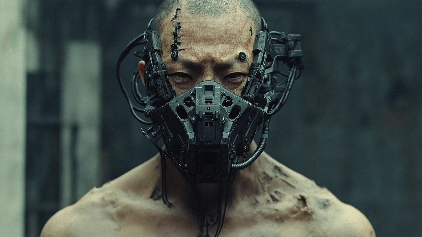 Weathered Asian cyborg commander with mechanical torso
