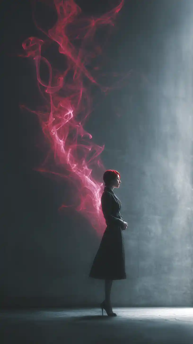 Solitary black silhouette with rising crimson smoke in void