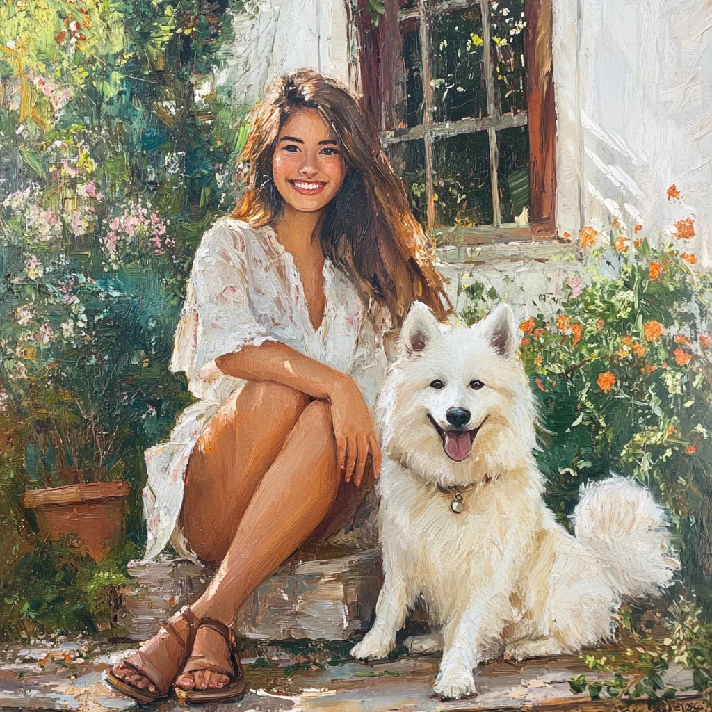 Niña sonriente con perro blanco en un jardín tranquilo