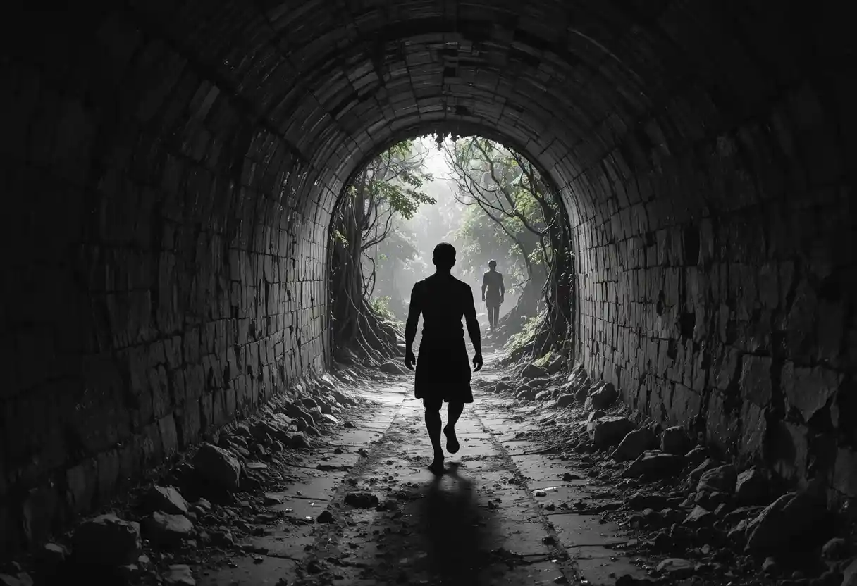 Lone figure emerging from a dim ancient tunnel