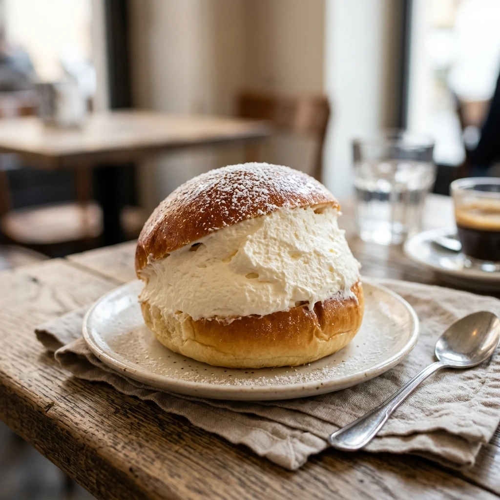 Primo piano di un maritozzo romano con panna montata