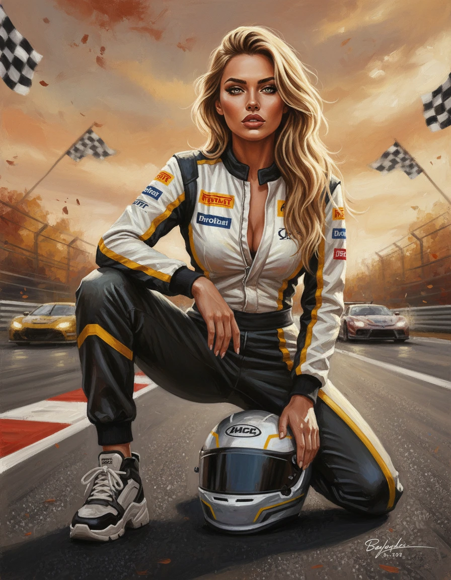 Woman in racing jumpsuit kneeling on autumn colored racetrack